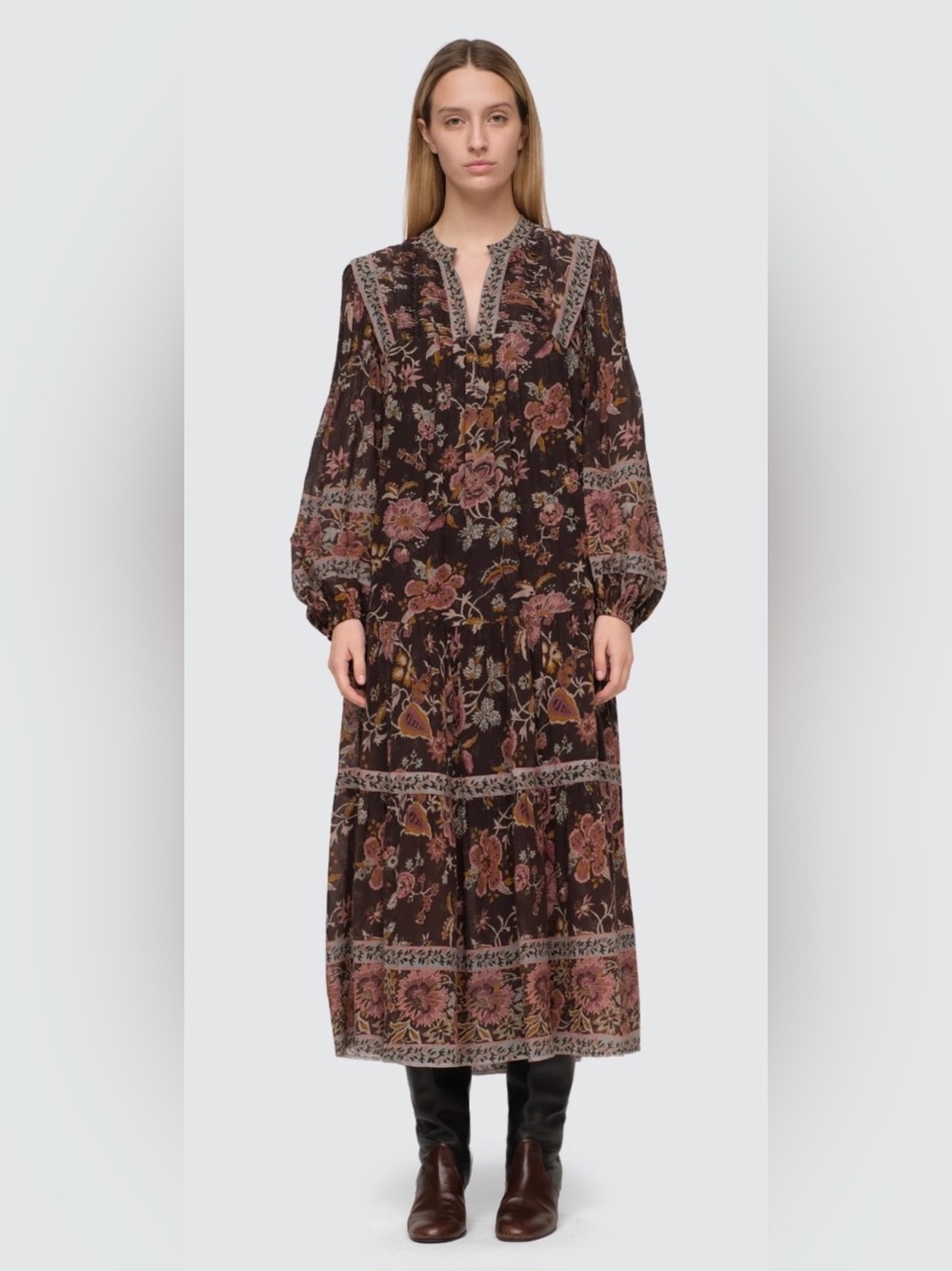Sea New York Floral Long Sleeve Maxi Dress - Brown Pink